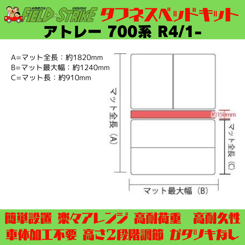 全長182cm (パンチカーペット / ダークグレー) ロングサイズ ベッドキット アトレー 700系 R4/1- Field Strike 営業車 車中泊 アウトドア