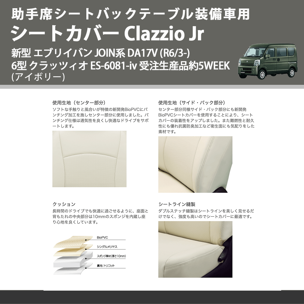 助手席シートバックテーブル装備車 (アイボリー) シートカバー Clazzio Jr 新型 エブリイバン JOIN系 DA17V (R6/3-) 6型 クラッツィオ ES-6081 5WEEK