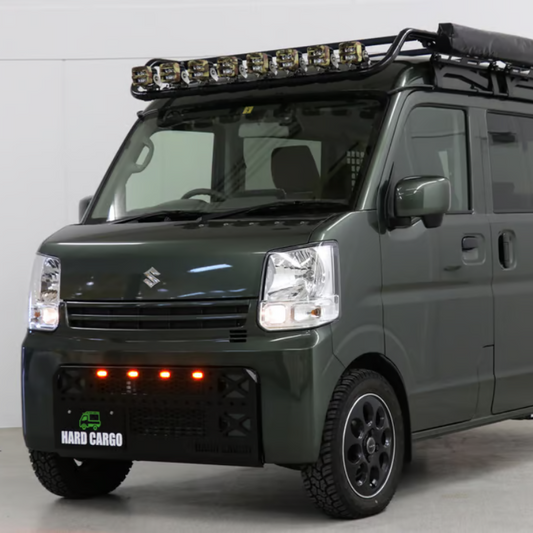 タフ仕様 フロントグリル (ブラック塗装 スモークアンバーLED) LEDスキッドグリル エブリイバン DA17V R6/3- HARD CARGO IPF製マーカーランプ付き バンパー