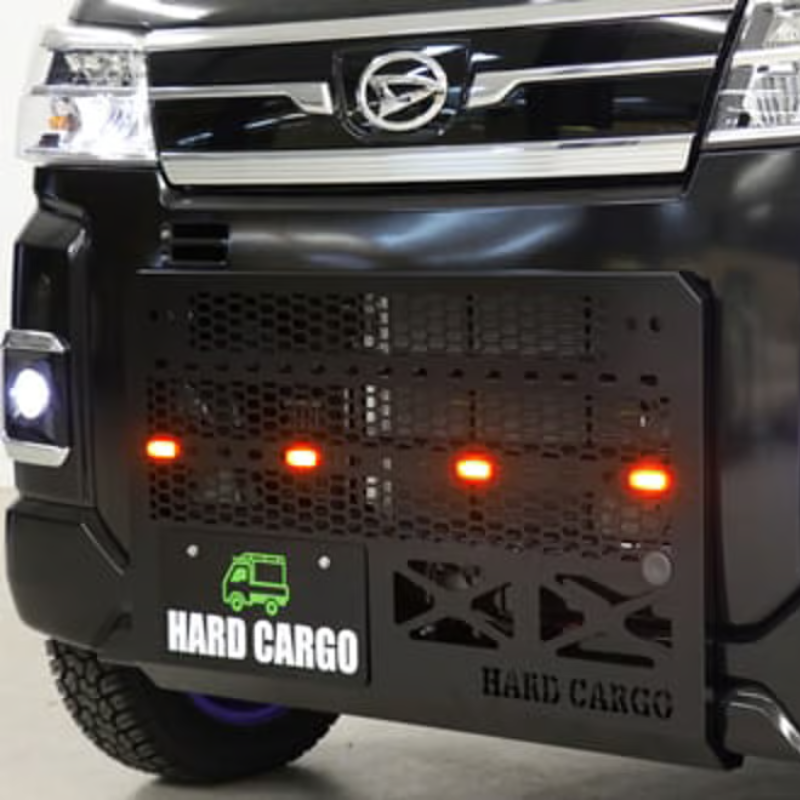 タフ仕様 フロントグリル (ブラック塗装 スモークアンバーLED) LEDスキッドグリル ハイゼットカーゴ アトレー S700系 R3/12- HARD CARGO
