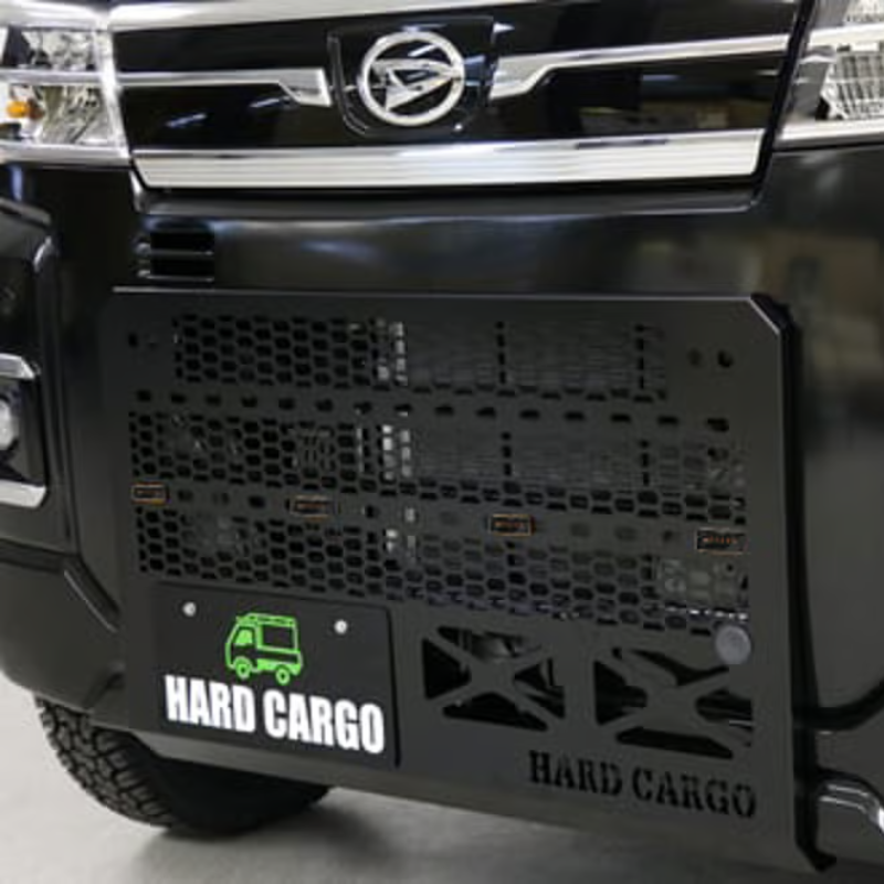 タフ仕様 フロントグリル (ブラック塗装 スモークアンバーLED) LEDスキッドグリル ハイゼットカーゴ アトレー S700系 R3/12- HARD CARGO