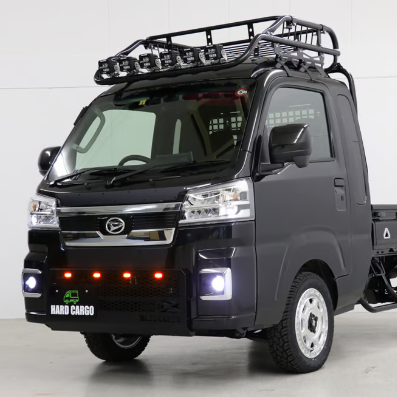 タフ仕様 フロントグリル (ブラック塗装 スモークアンバーLED) LEDスキッドグリル ハイゼットトラック ジャンボ S500系 後期 MC後 R3/12- HARD CARGO