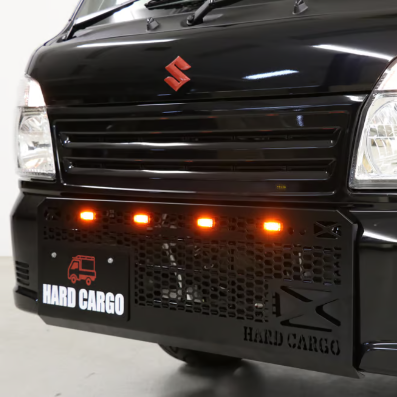 タフ仕様 フロントグリル (ブラック塗装 スモークアンバーLED) LEDスキッドグリル キャリイ スーパーキャリイ DA16系 HARD CARGO IPF製マーカーランプ付