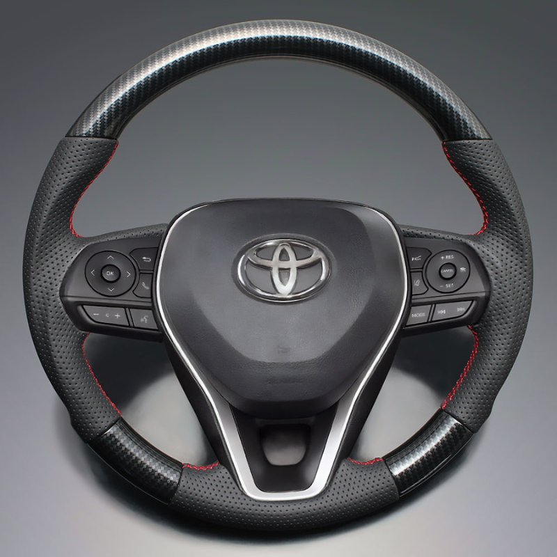 高品質の証ユーロステッチ採用 (カーボン調xレッドステッチ) 純正交換ガングリップステアリング カローラスポーツ/ツーリング 210系 H30/6- LS187