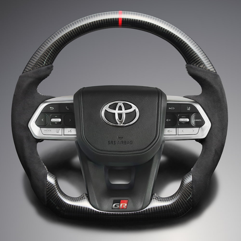最上位モデル (艶有リアルカーボン×アルカンターラBK×シルバーステッチ) 純正交換ガングリップステアリング ランクル 300系 R3/8- LS225 ヒーター対応