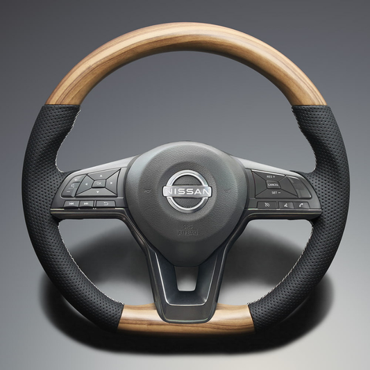 高品質の証ユーロステッチ採用 (マットアッシュブラウンxシルバーステッチ) 純正交換ガングリップステアリング ノート E12 H24/9-R2/12 LS254