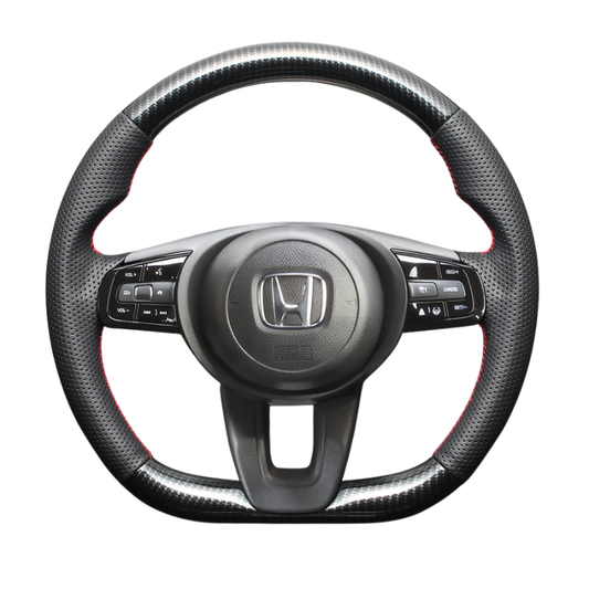高品質の証ユーロステッチ採用 (カーボン調xレッドステッチ) 純正交換ガングリップステアリング ヴェゼル RV系 R3/1- LS264