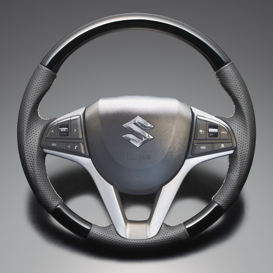 高品質の証ユーロステッチ採用 (ピアノブラックxシルバーステッチ) 純正交換ガングリップステアリング スペーシア MK53 H29/12-R5/11 LS281