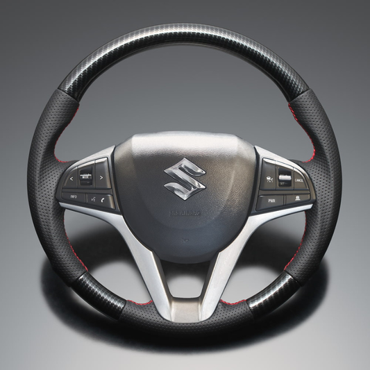 高品質の証ユーロステッチ採用 (カーボン調xレッドステッチ) 純正交換ガングリップステアリング スペーシア MK53 H29/12-R5/11 LS282