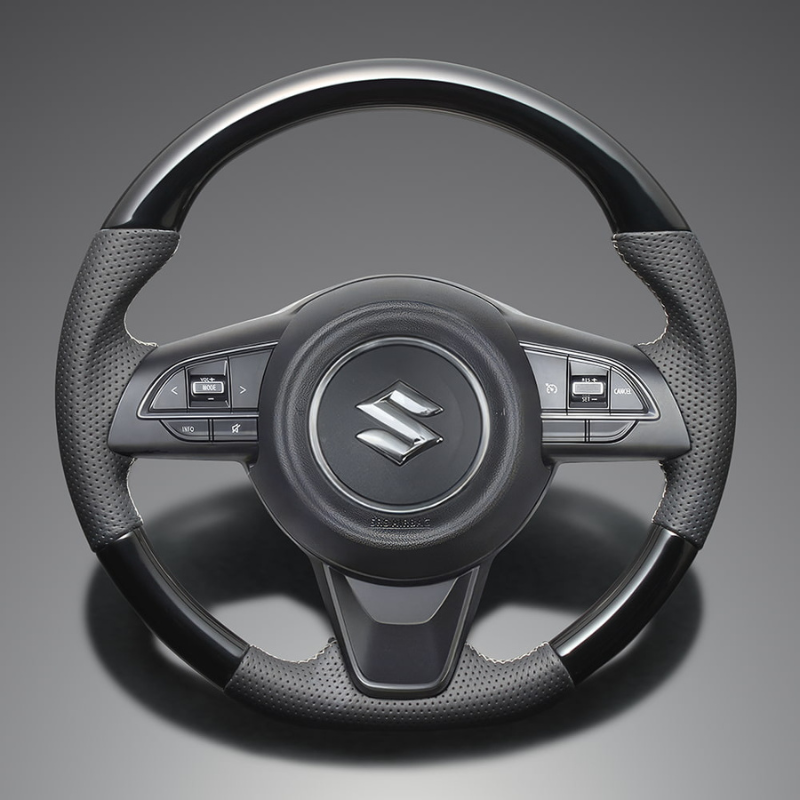 高品質の証ユーロステッチ採用 (ピアノブラックxシルバーステッチ) 純正交換ガングリップステアリング ジムニー/シエラ/ノマド JB64 H30/7- LS287