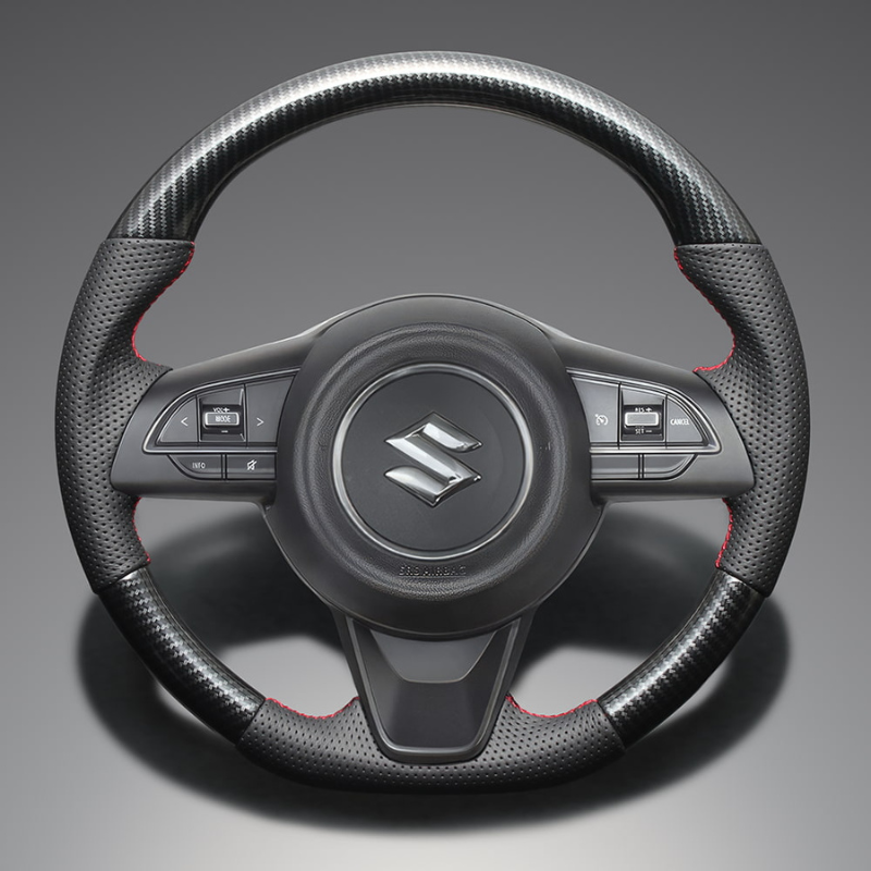 高品質の証ユーロステッチ採用 (カーボン調xレッドステッチ) 純正交換ガングリップステアリング ジムニー/シエラ/ノマド JB64 H30/7- LS288