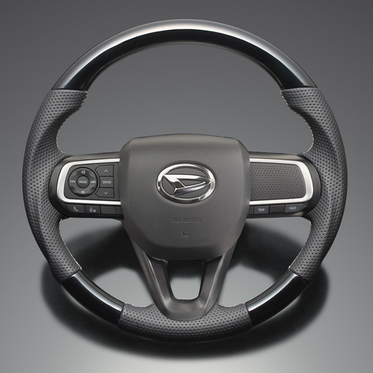 高品質の証ユーロステッチ採用 (ピアノブラックxシルバーステッチ) 純正交換ガングリップステアリング タント/カスタム LA650 R1/7- LS291