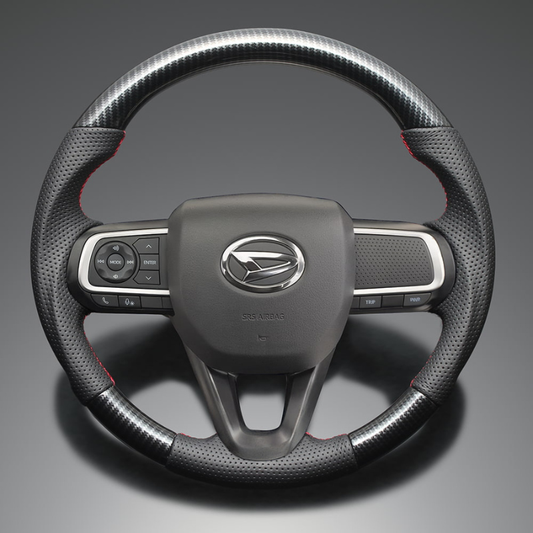 高品質の証ユーロステッチ採用 (カーボン調xレッドステッチ) 純正交換ガングリップステアリング タント/カスタム LA650 R1/7- LS292