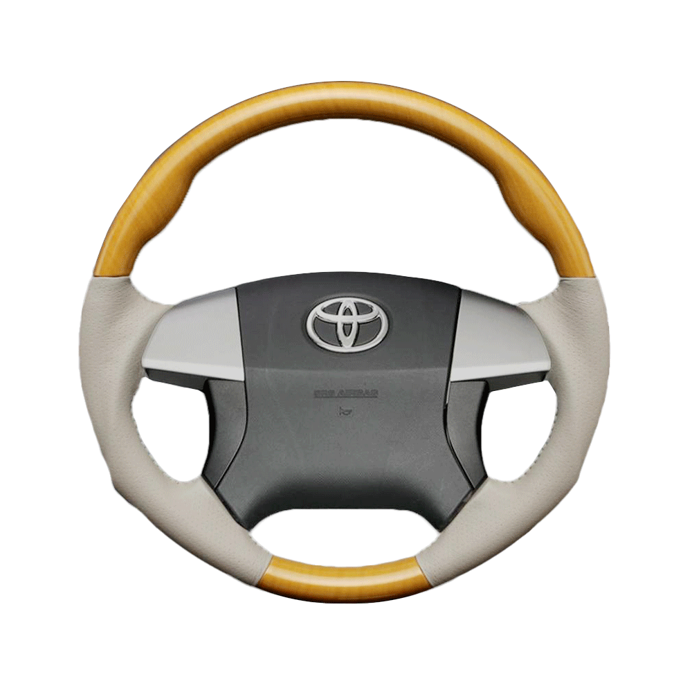 (黄木目×グレージュ) 車種専用設計 高品質 ガングリップ ウッド×パンチング 本皮調 レザーステアリング アイシス 10系