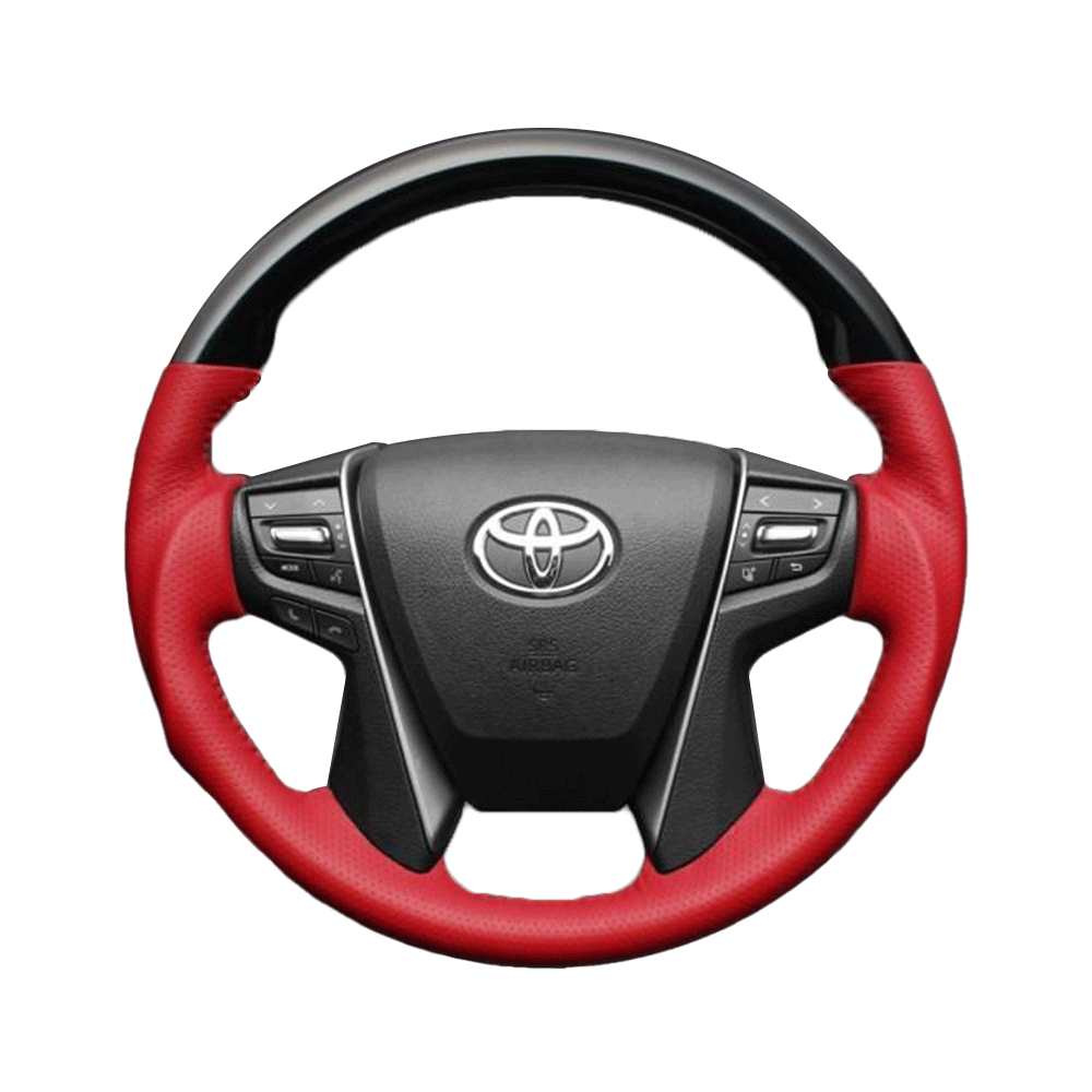 (ピアノブラック×ロッソコルサレッド) 車種専用設計 高品質 ガングリップ ウッド×パンチング 本皮調 レザーステアリング アルファード 30系