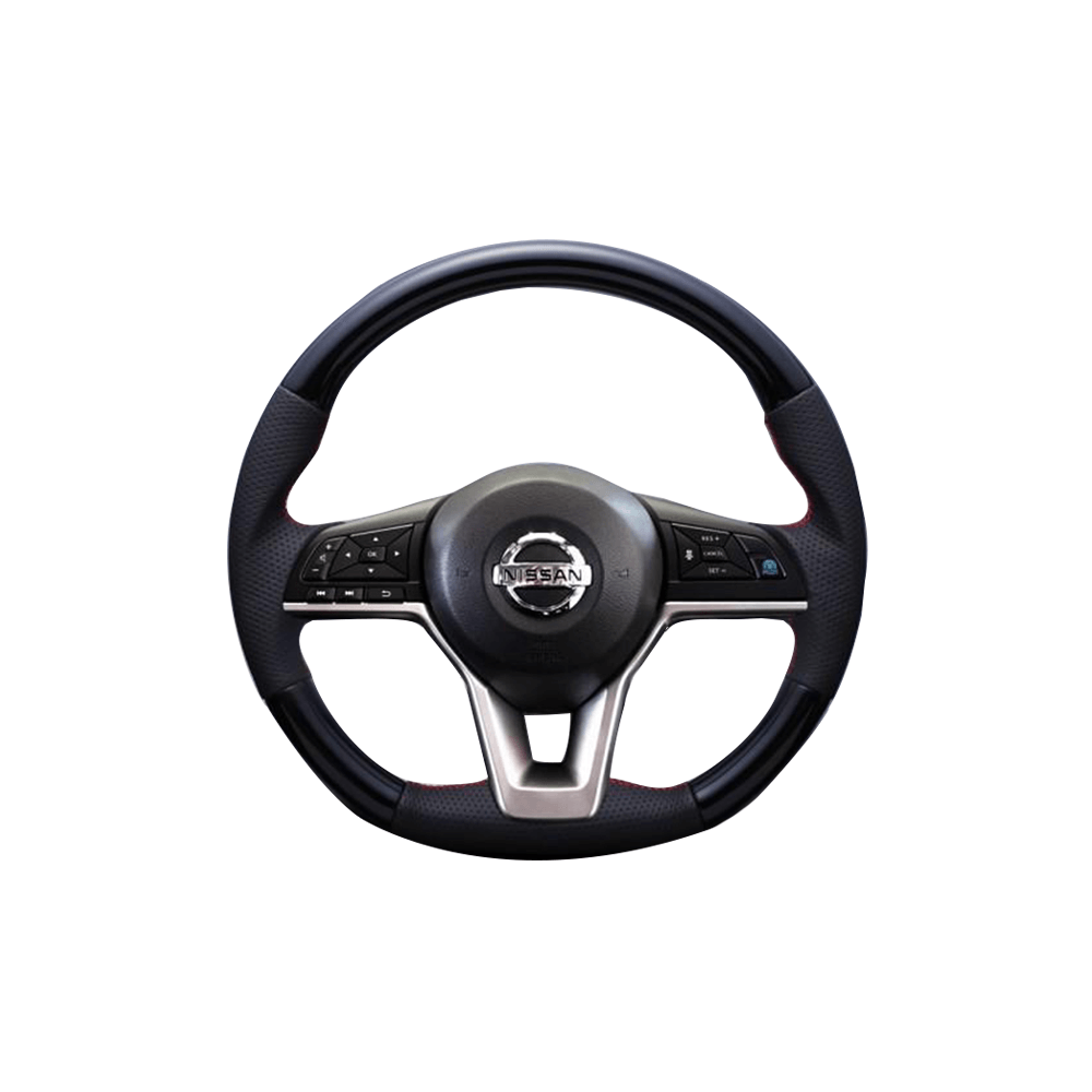 (ピアノブラック×ダークグレー) レッドユーロステッチ ガングリップ ウッド×パンチング 本皮調 レザーステアリング セレナ C27 FEGGARI LSC27-PBR