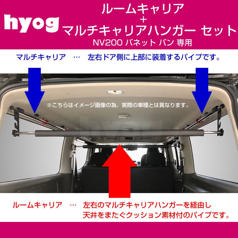 (積載力アップ!) NV200 バネット バン ルームキャリアセット + マルチキャリアハンガー 赤 (サーフボードやルアーロッド積載セット!)