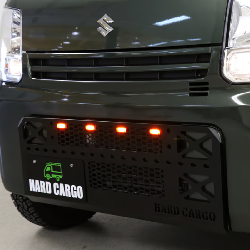 タフ仕様 フロントグリル (ブラック塗装 スモークアンバーLED) LEDスキッドグリル エブリイバン DA17V R6/3- HARD CARGO IPF製マーカーランプ付き バンパー