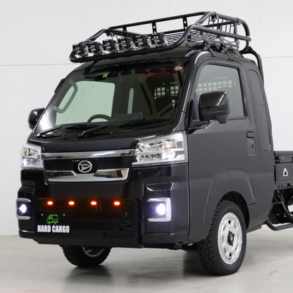 タフ仕様 フロントグリル (ブラック塗装 スモークアンバーLED) LEDスキッドグリル ハイゼットトラック ジャンボ S500系 後期 MC後 R3/12- HARD CARGO