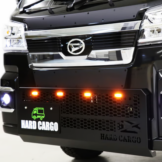 タフ仕様 フロントグリル (ブラック塗装 スモークアンバーLED) LEDスキッドグリル ハイゼットトラック ジャンボ S500系 後期 MC後 R3/12- HARD CARGO