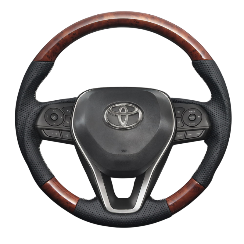 高品質の証ユーロステッチ採用 (茶木目xシルバーステッチ) 純正交換ガングリップステアリング RAV4 50系 R01/10- LS189 ハイブリッドは取付不可