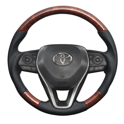 高品質の証ユーロステッチ採用 (茶木目xシルバーステッチ) 純正交換ガングリップステアリング RAV4 50系 R01/10- LS189 ハイブリッドは取付不可
