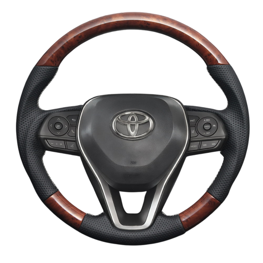 高品質の証ユーロステッチ採用 (茶木目xシルバーステッチ) 純正交換ガングリップステアリング RAV4 50系 R01/10- LS189 ハイブリッドは取付不可