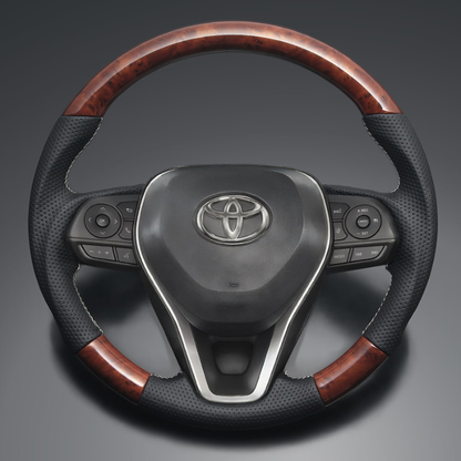高品質の証ユーロステッチ採用 (茶木目xシルバーステッチ) 純正交換ガングリップステアリング RAV4 50系 R01/10- LS189 ハイブリッドは取付不可