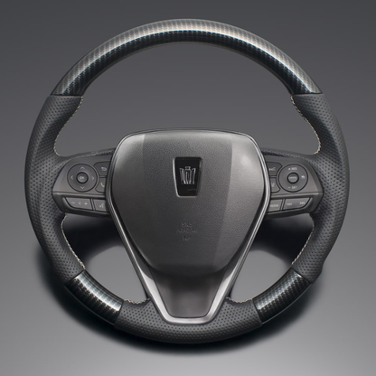 高品質の証ユーロステッチ採用 (カーボン調xシルバーステッチ) 純正交換ガングリップステアリング RAV4 50系 R01/10- LS203 ハイブリッドは取付不可