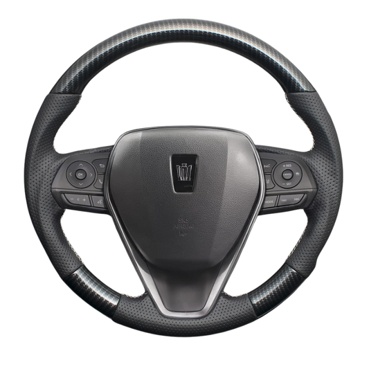 高品質の証ユーロステッチ採用 (カーボン調xシルバーステッチ) 純正交換ガングリップステアリング クラウン 220系 H30/-R4/7 LS203