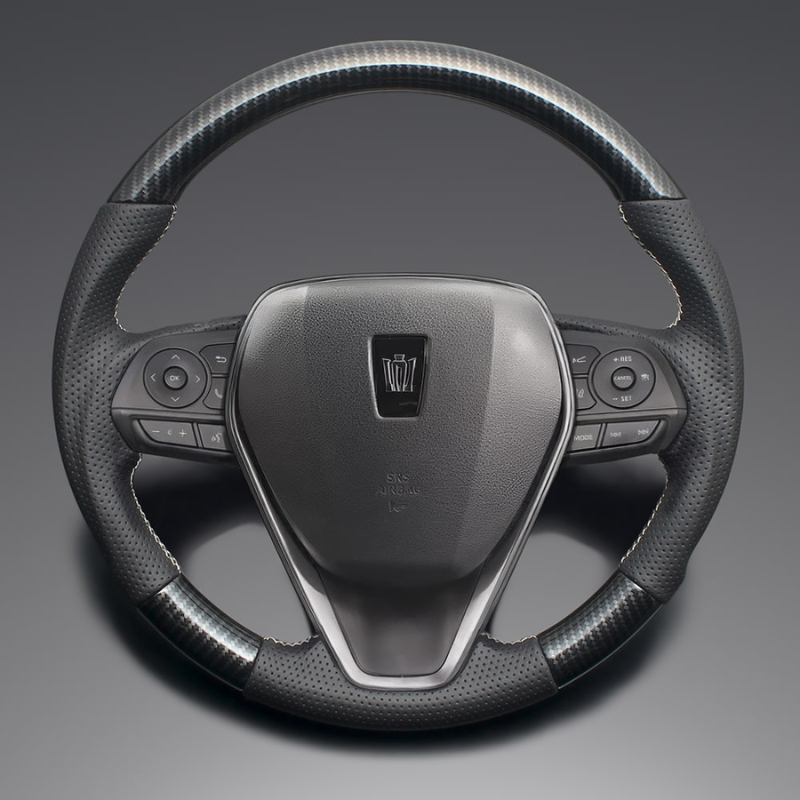 高品質の証ユーロステッチ採用 (カーボン調xシルバーステッチ) 純正交換ガングリップステアリング クラウン 220系 H30/-R4/7 LS203