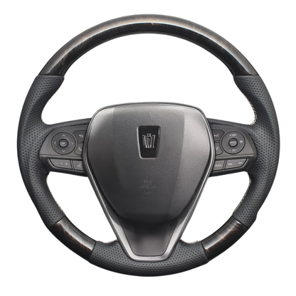 高品質の証ユーロステッチ採用 (マホガニ調黒木目xシルバーステッチ) 純正交換ガングリップステアリング カムリ 70系 H29/7-R5/12 LS204