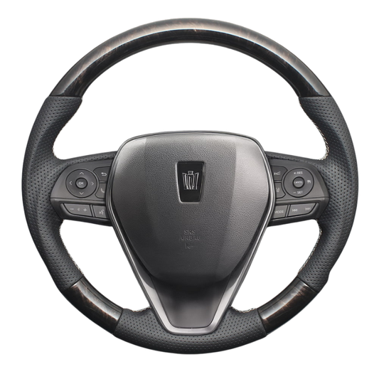 高品質の証ユーロステッチ採用 (マホガニ調黒木目xシルバーステッチ) 純正交換ガングリップステアリング カムリ 70系 H29/7-R5/12 LS204