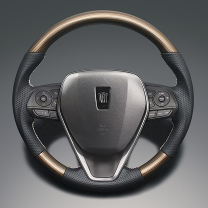 高品質の証ユーロステッチ採用 (ウォールナット茶木目xシルバーステッチ) 純正交換ガングリップステアリング カムリ 70系 H29/7-R5/12 LS205