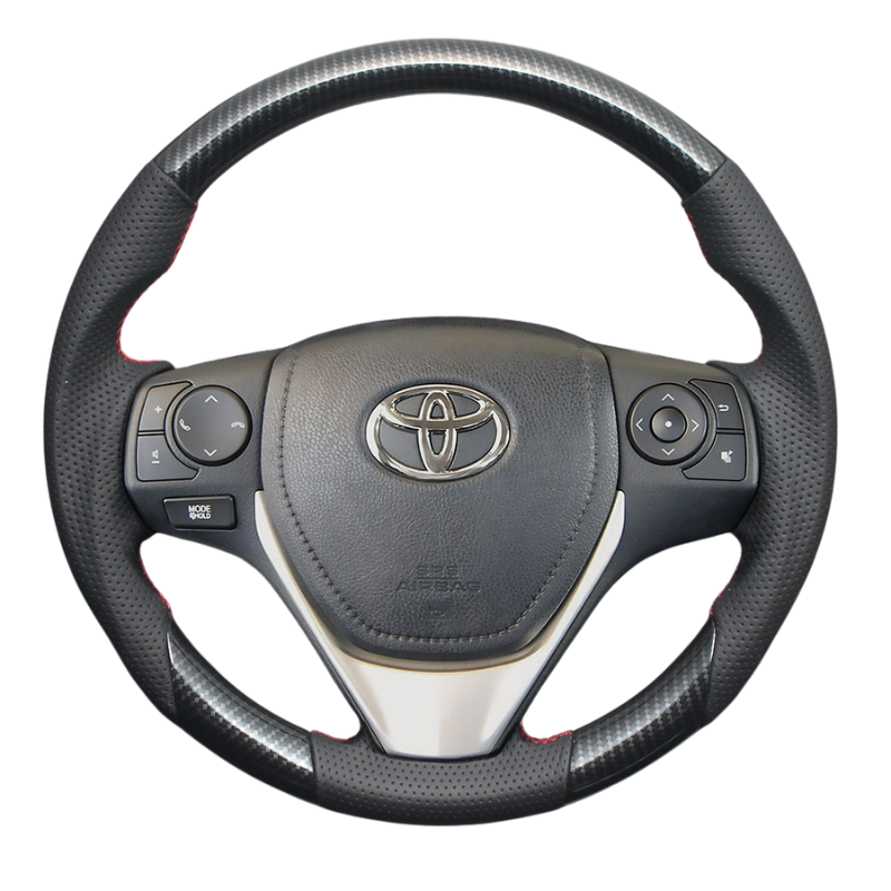 高品質の証ユーロステッチ採用 (カーボン調xレッドステッチ) 純正交換ガングリップステアリング オーリス 180系 H24-H30/3 LS194