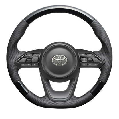 高品質の証ユーロステッチ採用 (ピアノブラックxシルバーステッチ) 純正交換ガングリップステアリング ヤリス MXP10系 R2/2- LS195