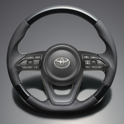 高品質の証ユーロステッチ採用 (ピアノブラックxシルバーステッチ) 純正交換ガングリップステアリング シエンタ MX10系 R4/9- LS195