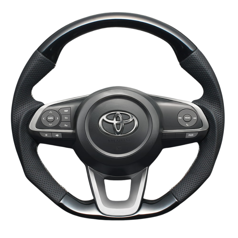 高品質の証ユーロステッチ採用 (ピアノブラックxシルバーステッチ) 純正交換ガングリップステアリング RAIZE 200系 R1/11- LS198 ロッキー取付可能