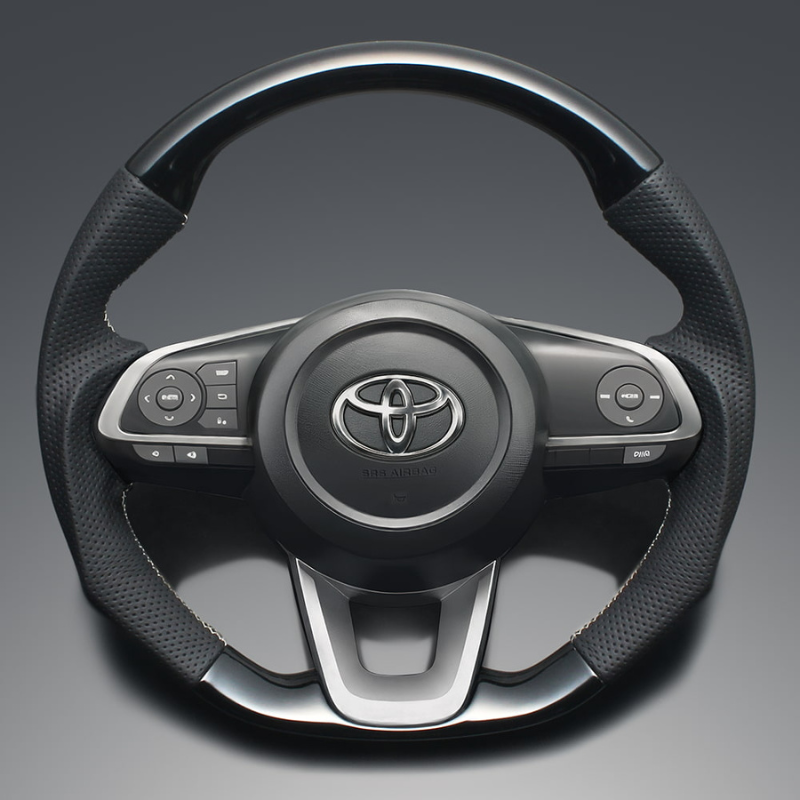 高品質の証ユーロステッチ採用 (ピアノブラックxシルバーステッチ) 純正交換ガングリップステアリング RAIZE 200系 R1/11- LS198 ロッキー取付可能