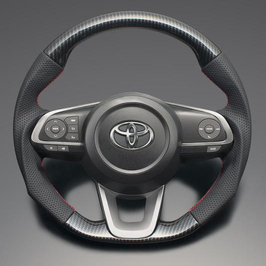 ユーロステッチ採用 (カーボン調xレッドステッチ) 純正交換ガングリップステアリング ルーミー 900系 R2/9-後期専用 LS199 トール/ジャスティ取付可
