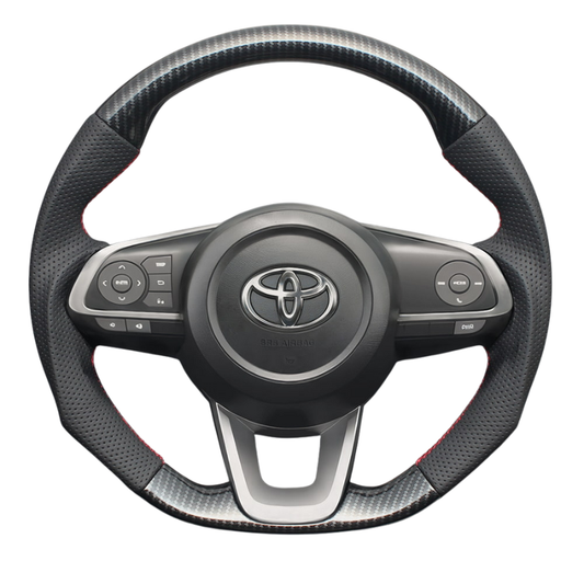 高品質の証ユーロステッチ採用 (カーボン調xレッドステッチ) 純正交換ガングリップステアリング RAIZE 200系 R1/11- LS199 ロッキー取付可能