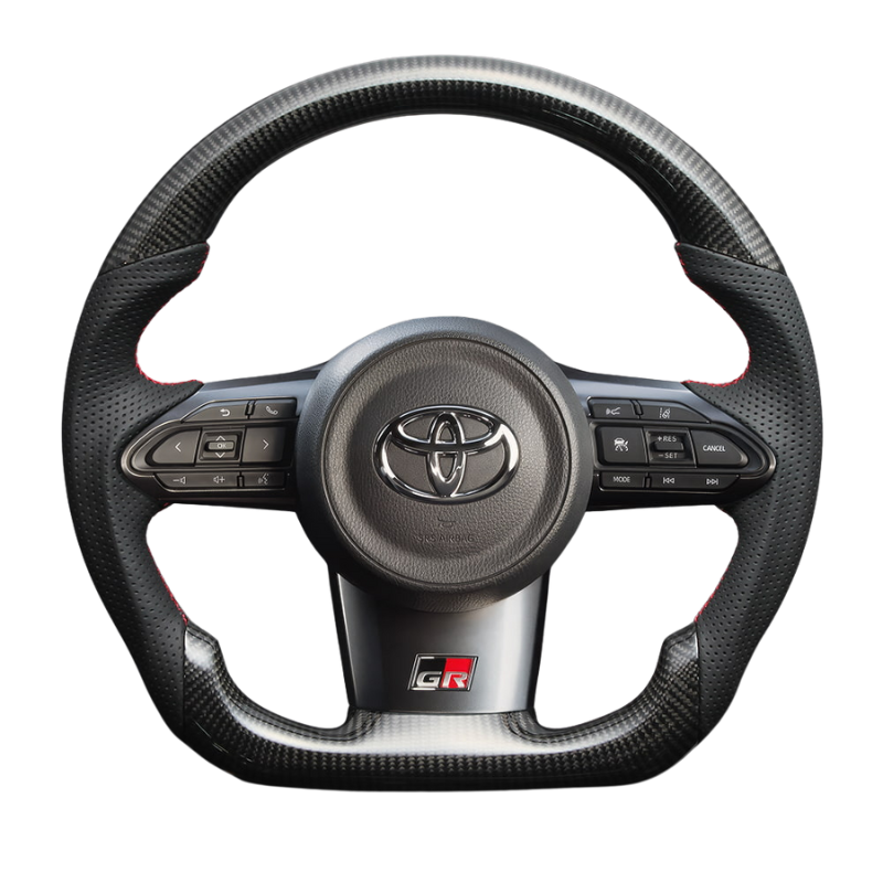 最上位モデル (艶ありリアルカーボン×本革グレー×レッドユーロステッチ) 純正交換ガングリップステアリング GRカローラ 10系 LS209 GR専用