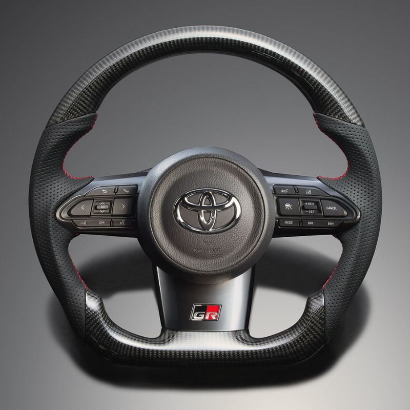 最上位モデル (艶ありリアルカーボン×本革グレー×レッドユーロステッチ) 純正交換ガングリップステアリング GRカローラ 10系 LS209 GR専用