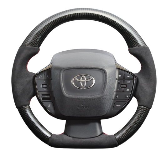 最上位モデル (艶ありリアルカーボン×アルカンターラBK×レッドユーロステッチ) D型ガングリップステアリング プリウス  60系 Gグレード専用 LS215
