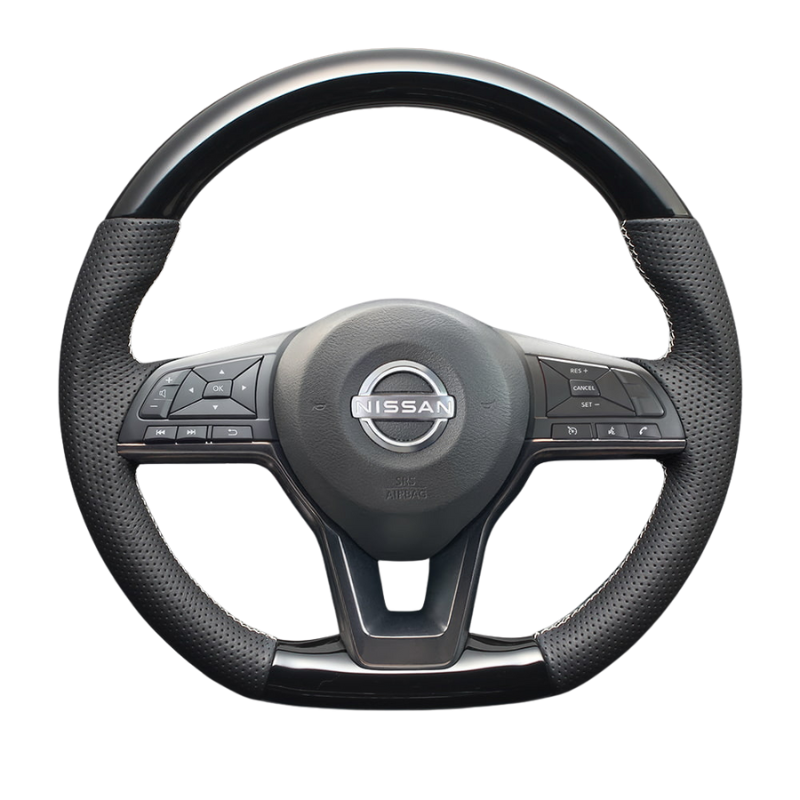 高品質の証ユーロステッチ採用 (ピアノブラックxシルバーステッチ) 純正交換ガングリップステアリング ノート E12 H24/9-R2/12 LS251