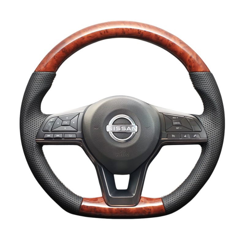 高品質の証ユーロステッチ採用 (茶木目xシルバーステッチ) 純正交換ガングリップステアリング ノート E12 H24/9-R2/12 LS253