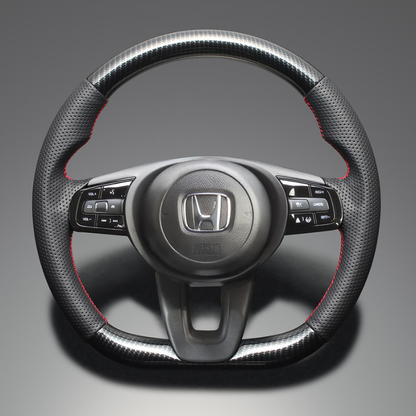 高品質の証ユーロステッチ採用 (カーボン調xレッドステッチ) 純正交換ガングリップステアリング ヴェゼル RV系 R3/1- LS264