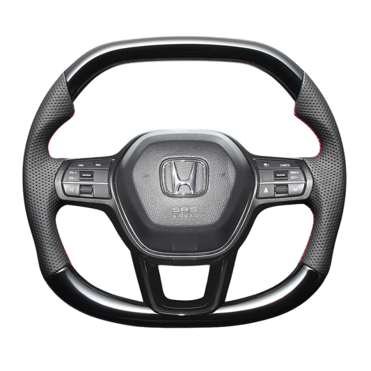 高品質の証ユーロステッチ採用 (ピアノブラックxレッドステッチ) 純正交換ガングリップステアリング シビック FL1/4/5  R3/9- LS272