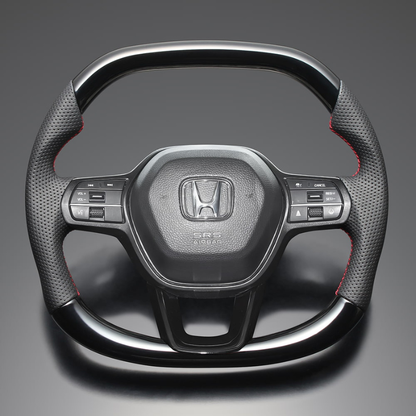 高品質の証ユーロステッチ採用 (ピアノブラックxレッドステッチ) 純正交換ガングリップステアリング シビック FL1/4/5  R3/9- LS272