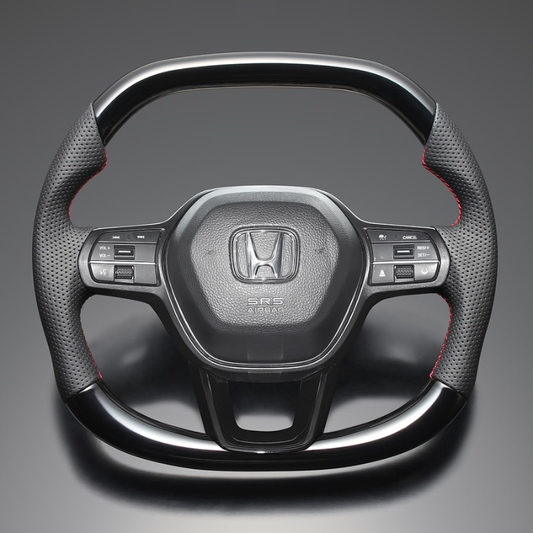 高品質の証ユーロステッチ採用 (ピアノブラックxレッドステッチ) 純正交換ガングリップステアリング シビック FL1/4/5  R3/9- LS272